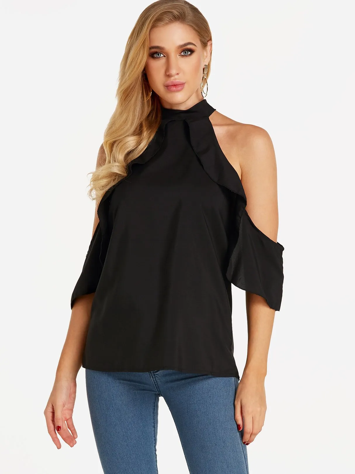Custom Halter Cold Shoulder Plain Cut Out Half Sleeve Flounced Hem Blouses