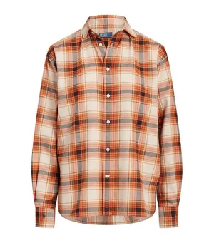 Women's Relaxed Fit Plaid Cotton Shirt Tan Multi
